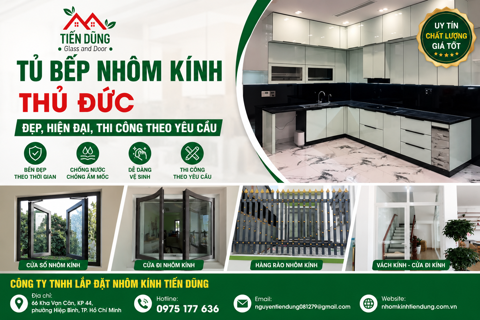 Thi công tủ bếp nhôm kính đẹp theo yêu cầu